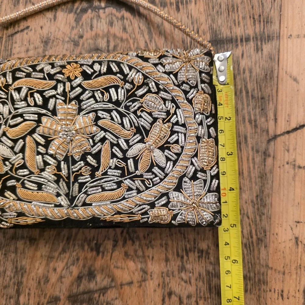 Vintage Embroidered Evening Bag Black Gold‎ Floral India Handmade Art Deco Glam